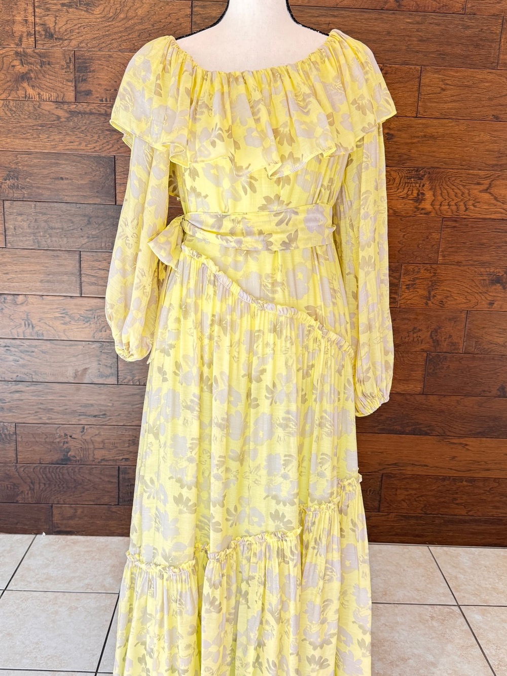 Astr Yellow Floral Ruffle Maxi Dress with Belt